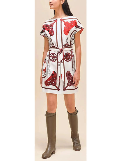 Printed Silk Tunic Dress in White and Red Tones - Branna Couture