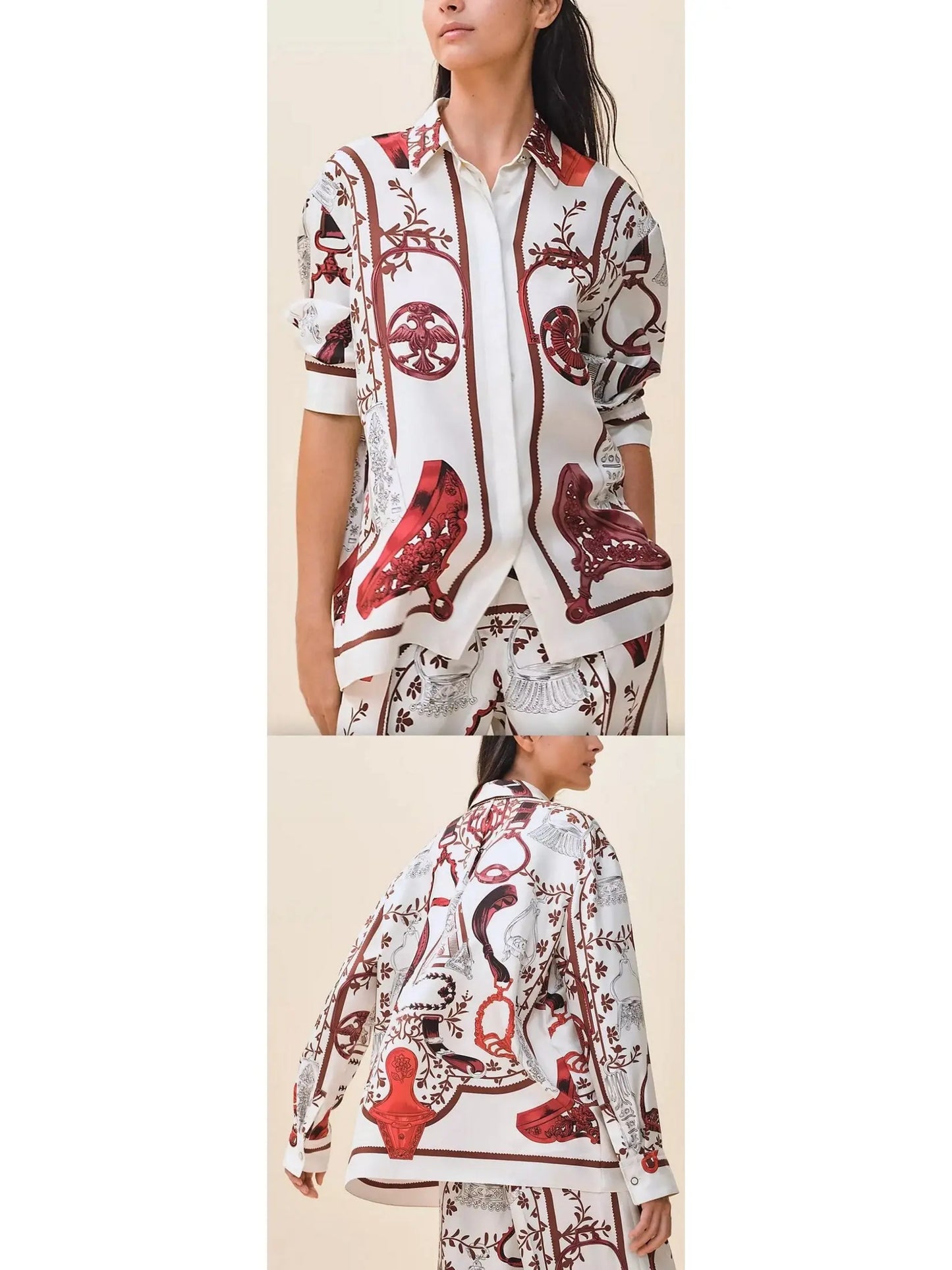 Printed Silk Twill Shirt in Red and White - Branna Couture