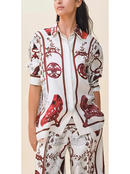 Printed Silk Twill Shirt in Red and White - Branna Couture