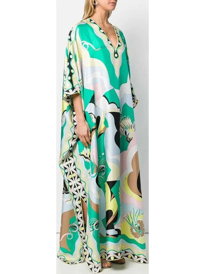 Printed Silk V-Neck Kaftan Dress - Branna Couture