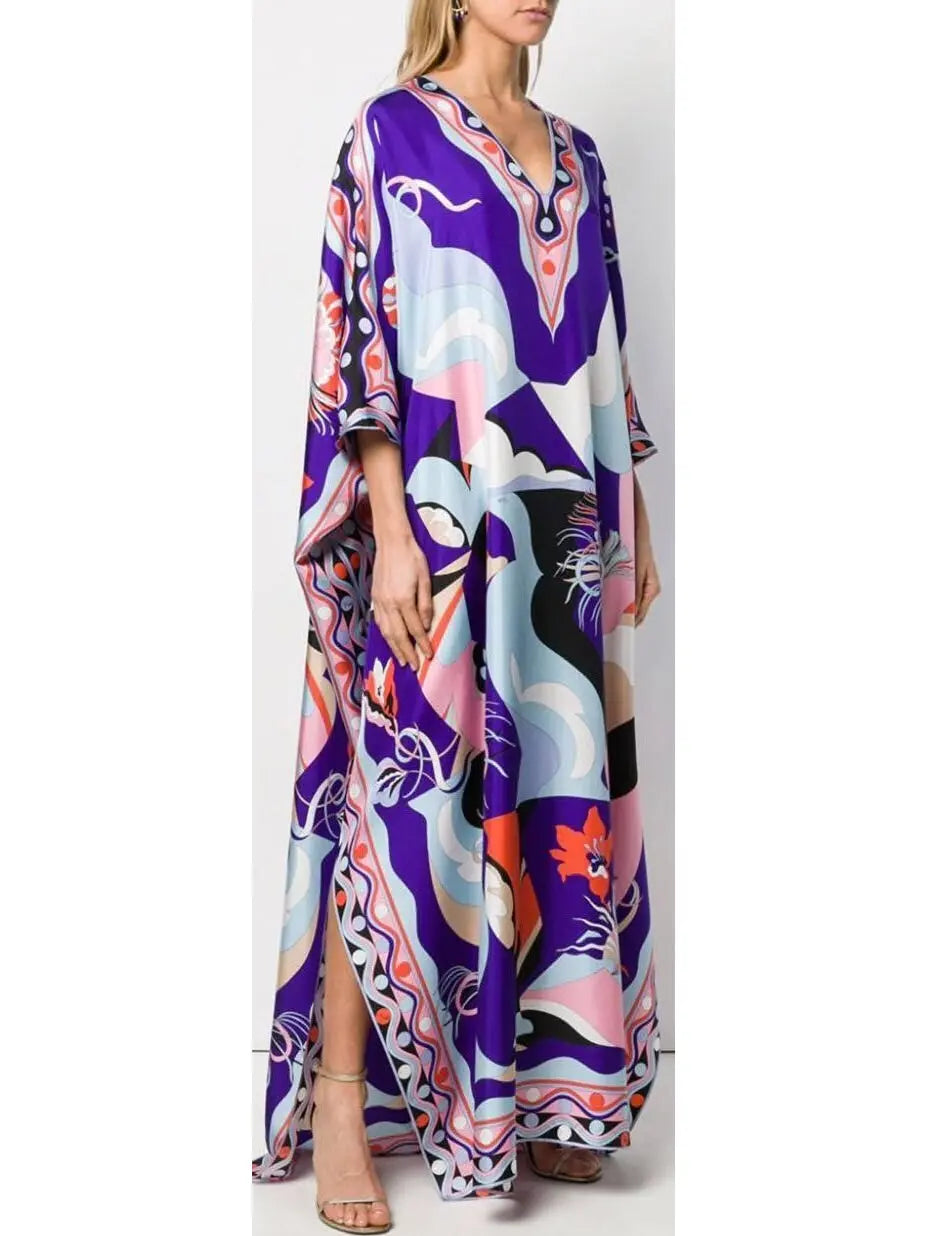 Printed Silk V-Neck Kaftan Dress - Branna Couture