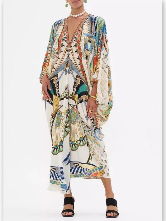 Printed V-Neck Kaftan Dress - Branna Couture