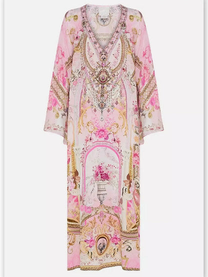 Printed V-Neck Pink Toned Kaftan Dress with Raglan Sleeves - Branna Couture