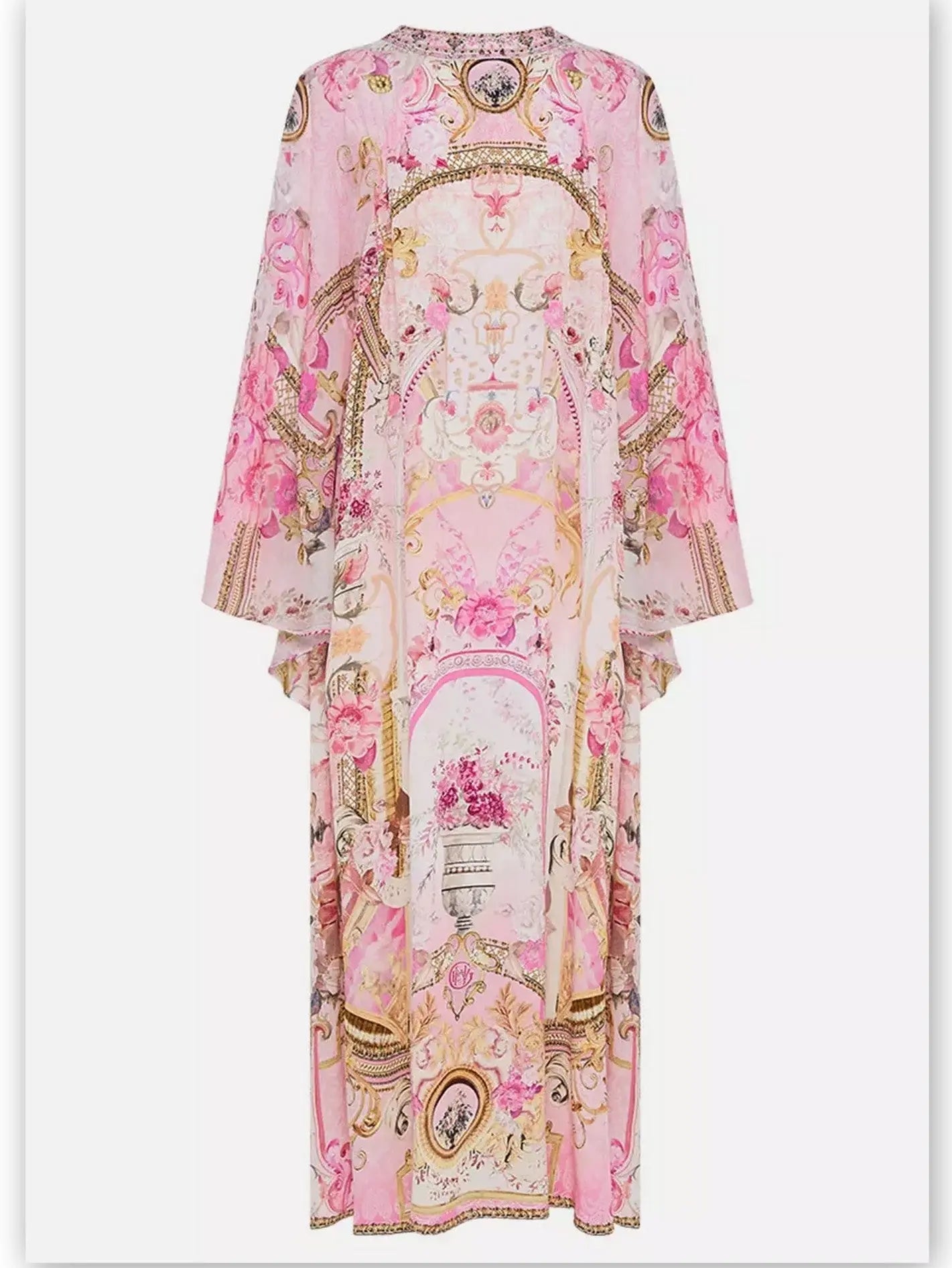 Printed V-Neck Pink Toned Kaftan Dress with Raglan Sleeves - Branna Couture