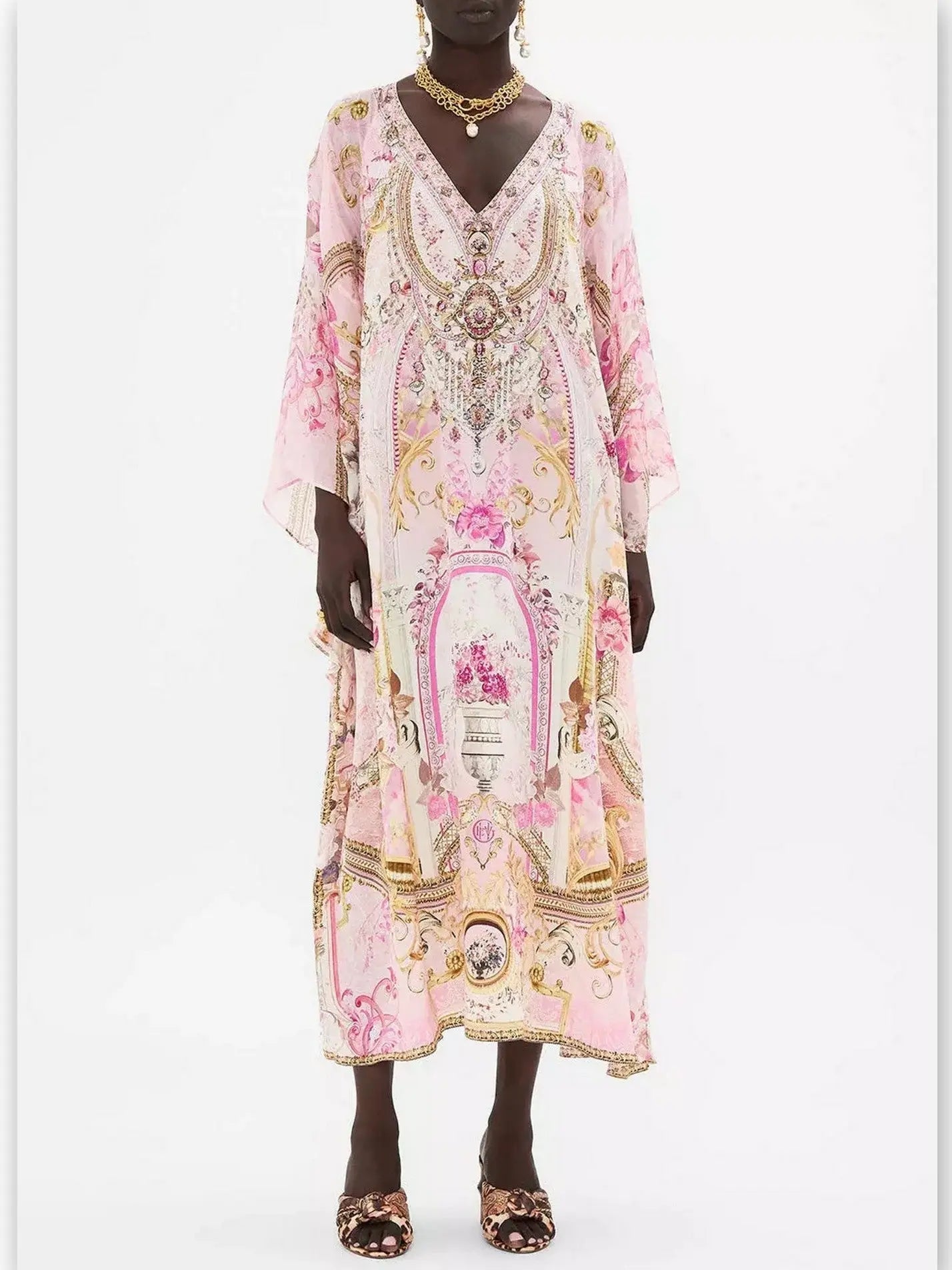 Printed V-Neck Pink Toned Kaftan Dress with Raglan Sleeves - Branna Couture