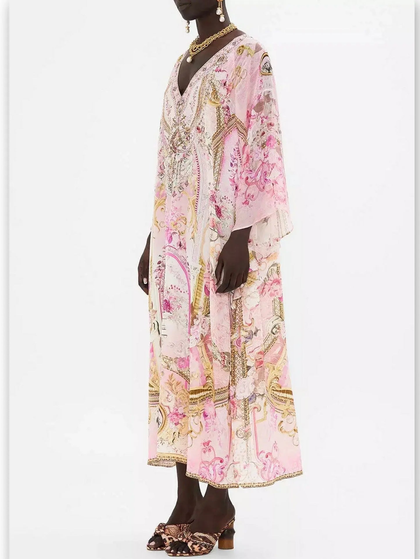 Printed V-Neck Pink Toned Kaftan Dress with Raglan Sleeves - Branna Couture