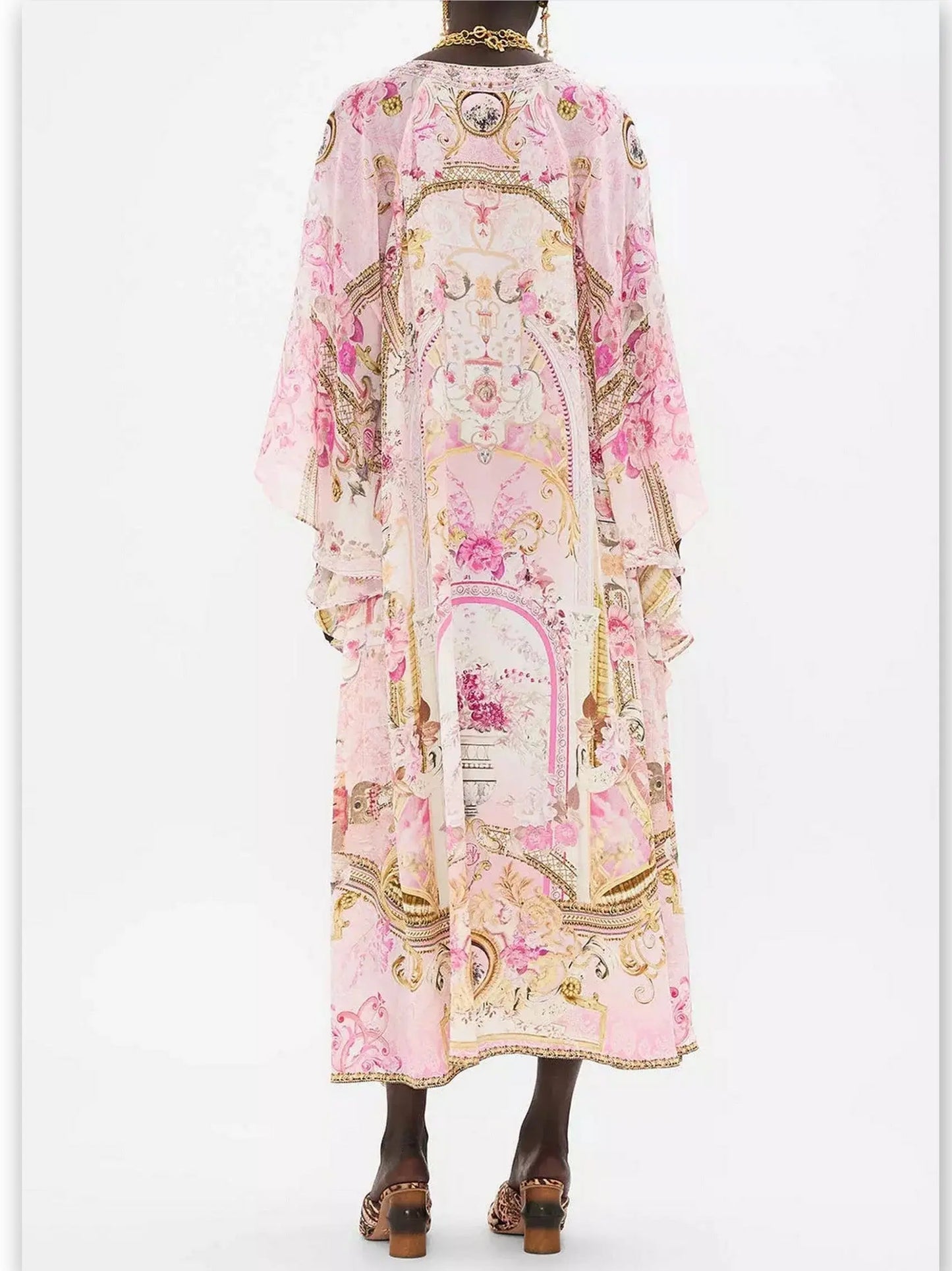 Printed V-Neck Pink Toned Kaftan Dress with Raglan Sleeves - Branna Couture