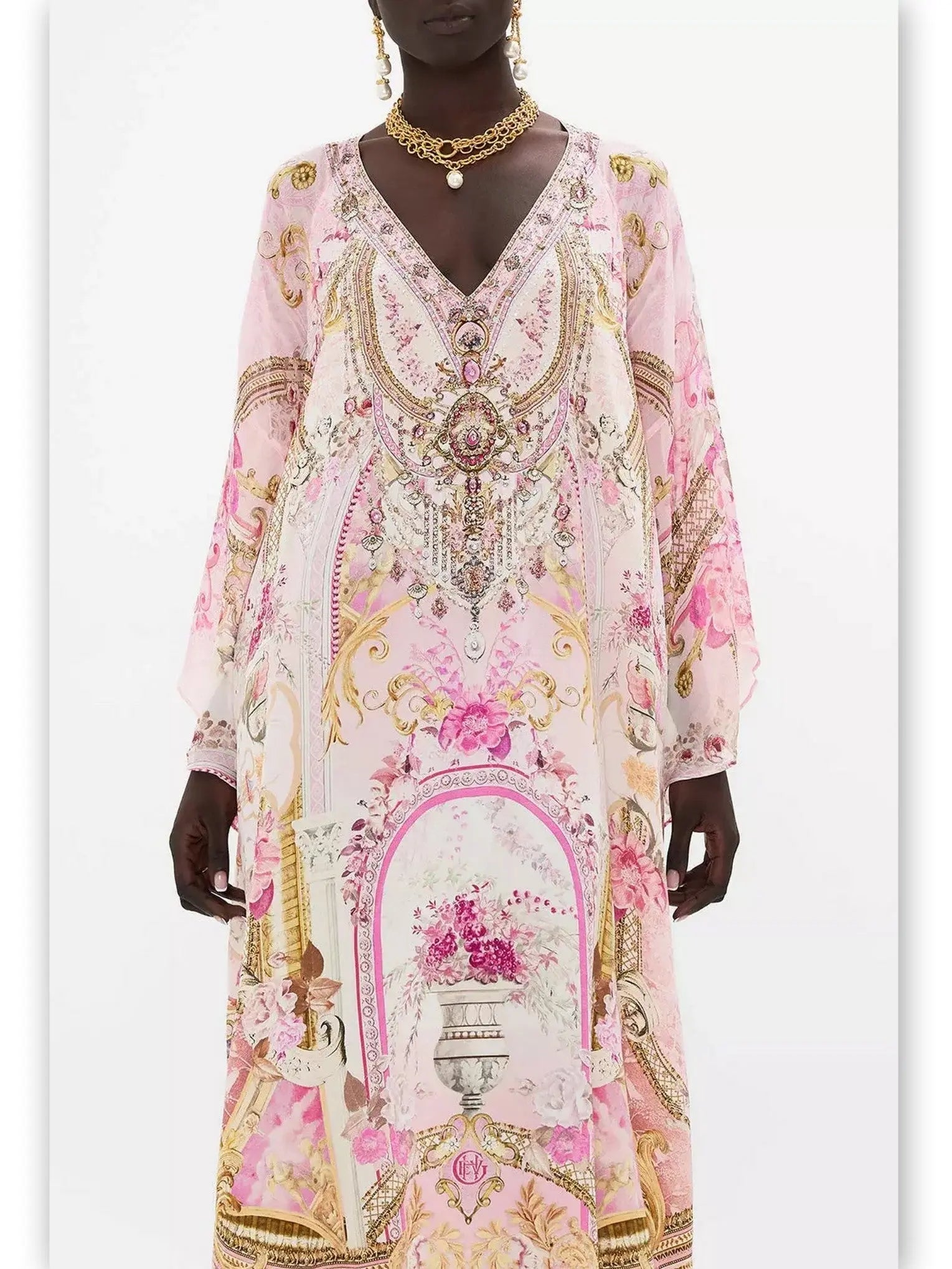 Printed V-Neck Pink Toned Kaftan Dress with Raglan Sleeves - Branna Couture