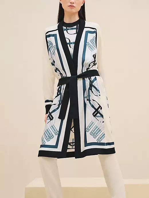 Printed Belted White Long Cardigan in Silk and Wool - Branna Couture