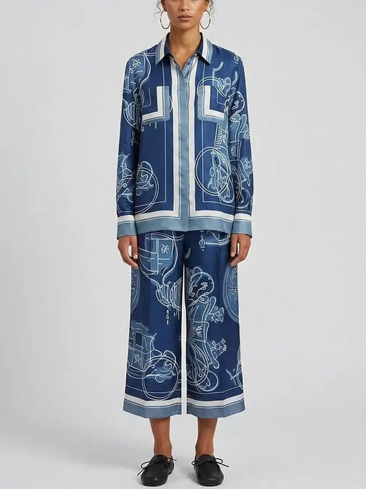 Printed Blue Silk Twill Shirt and Pant Set - S - Suits & Sets