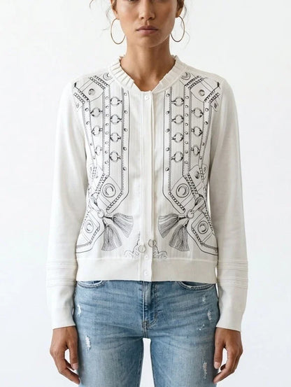 Printed Silk Blend Cardigan with Drawstring Detail - Small - Sweaters & Knitwear