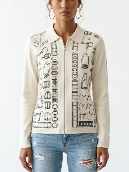 Printed Silk Cashmere Zip Front Cardigan Sweater - Small - Sweaters & Knitwear