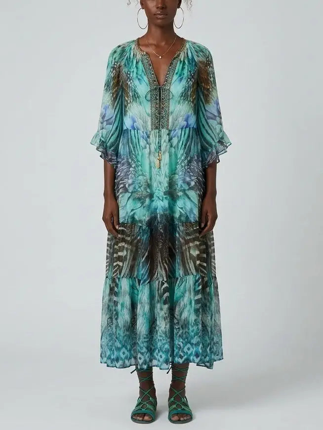 Printed Silk Embellished Kaftan Dress - S - Dresses