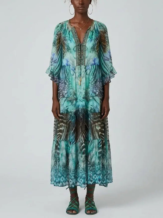 Printed Silk Embellished Kaftan Dress - S - Dresses