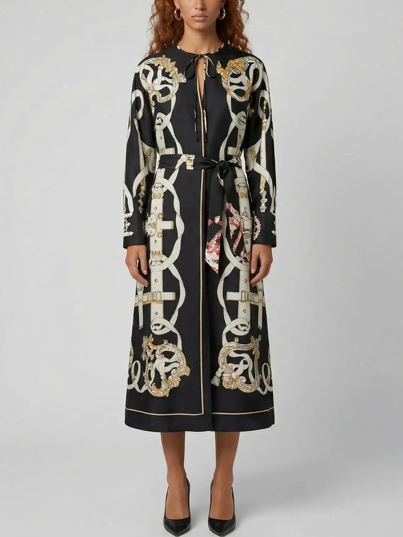 Printed Silk Tie-Neck Midi Dress - S - Dresses