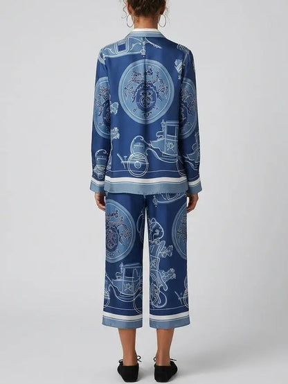 Printed Blue Silk Twill Shirt and Pant Set - Suits & Sets