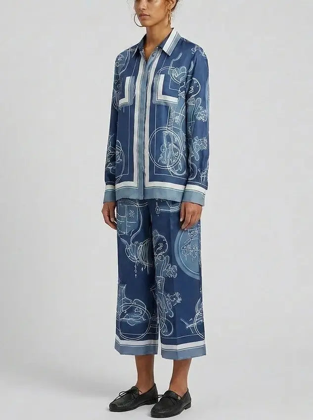 Printed Blue Silk Twill Shirt and Pant Set - Suits & Sets