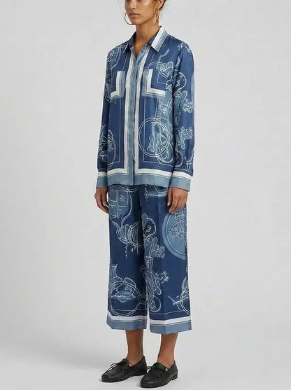 Printed Blue Silk Twill Shirt and Pant Set - Suits & Sets