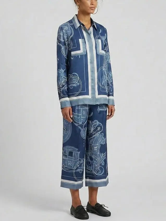 Printed Blue Silk Twill Shirt and Pant Set - Suits & Sets
