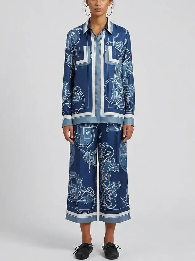 Printed Blue Silk Twill Shirt and Pant Set - Suits & Sets