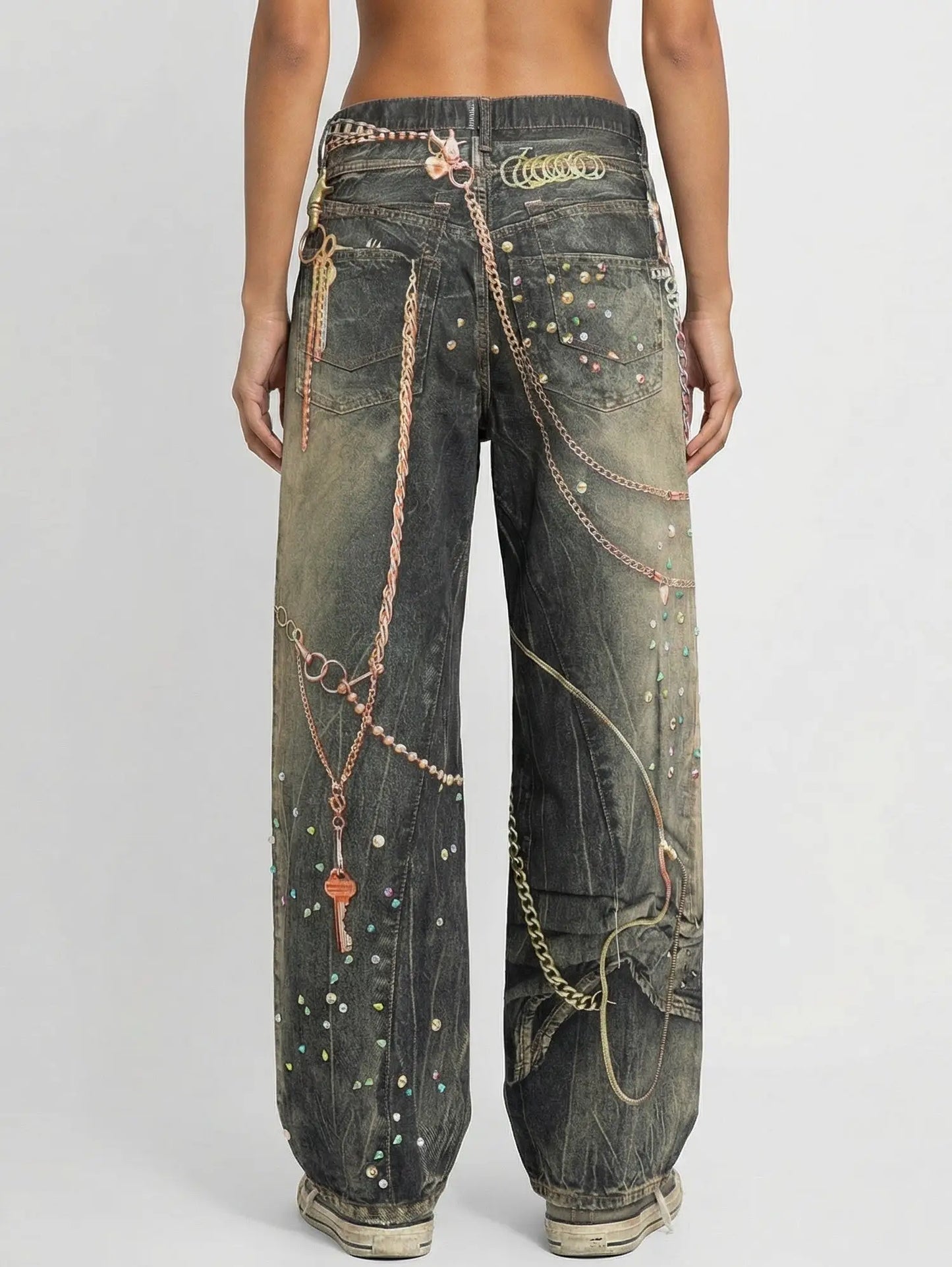 Printed Chain-Effect Wide-Leg Denim Jeans - Jeans & Pants