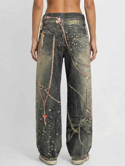 Printed Chain-Effect Wide-Leg Denim Jeans - Jeans & Pants
