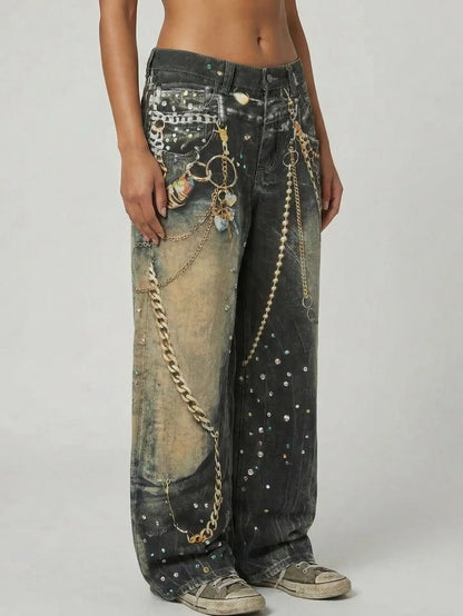 Printed Chain-Effect Wide-Leg Denim Jeans - Jeans & Pants