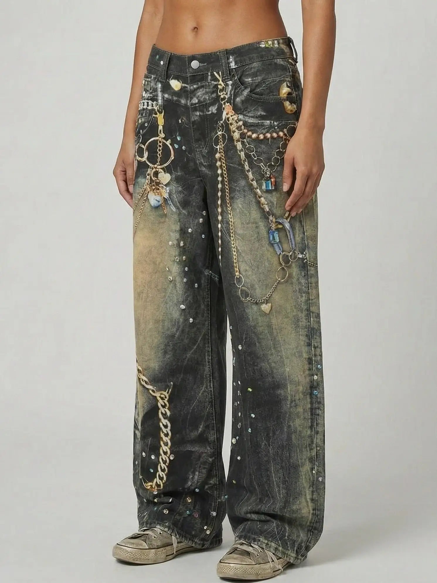 Printed Chain-Effect Wide-Leg Denim Jeans - Jeans & Pants