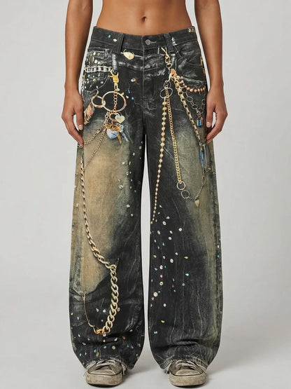 Printed Chain-Effect Wide-Leg Denim Jeans - Jeans & Pants