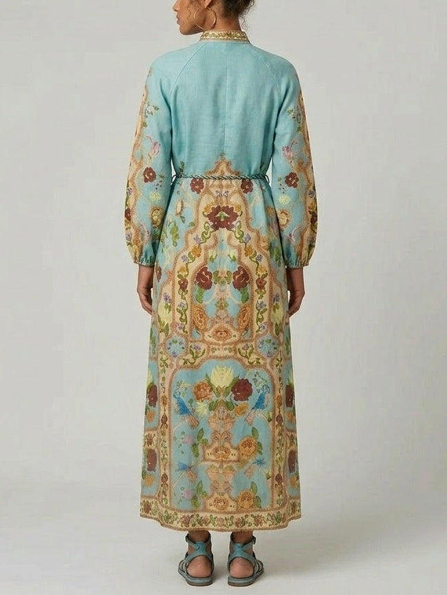 Printed Linen Long Shirt Dress with Rope Belt