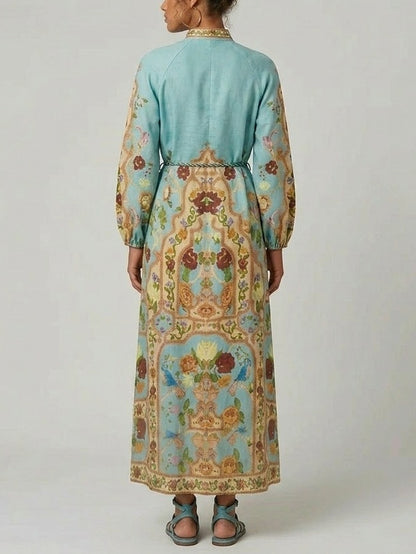 Printed Linen Long Shirt Dress with Rope Belt