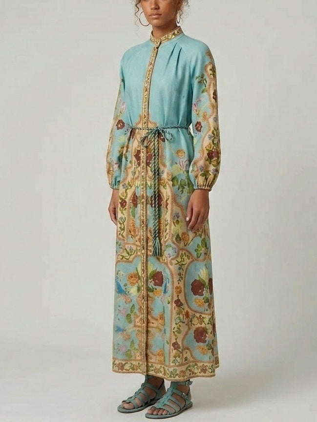 Printed Linen Long Shirt Dress with Rope Belt