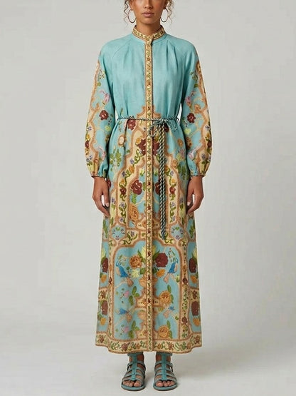 Printed Linen Long Shirt Dress with Rope Belt