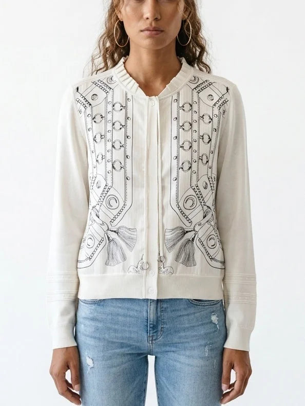 Printed Silk Blend Cardigan with Drawstring Detail - Sweaters & Knitwear