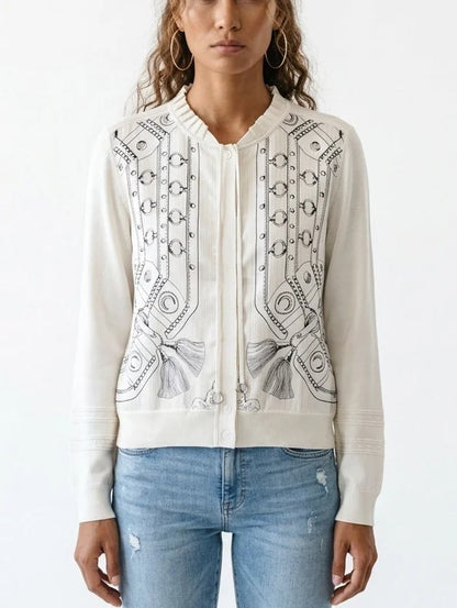 Printed Silk Blend Cardigan with Drawstring Detail - Sweaters & Knitwear