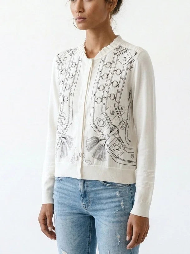 Printed Silk Blend Cardigan with Drawstring Detail - Sweaters & Knitwear