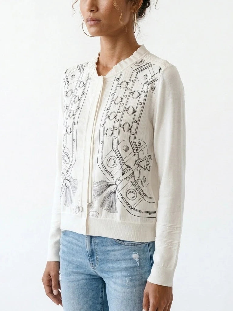 Printed Silk Blend Cardigan with Drawstring Detail - Sweaters & Knitwear
