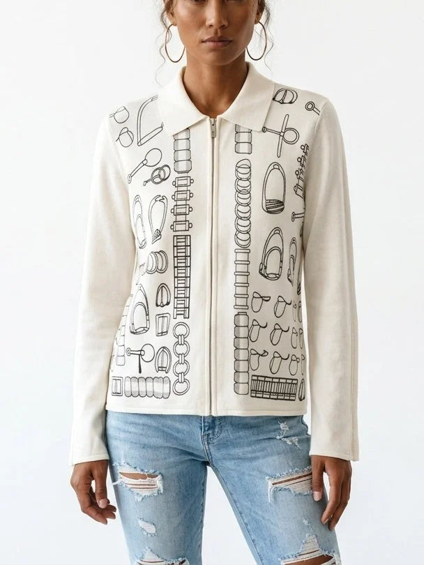 Printed Silk Cashmere Zip Front Cardigan Sweater - Sweaters & Knitwear