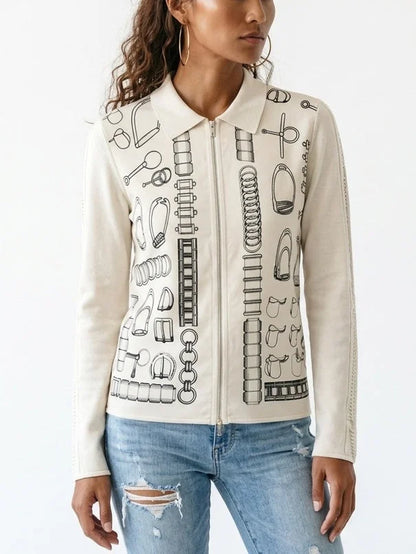 Printed Silk Cashmere Zip Front Cardigan Sweater - Sweaters & Knitwear