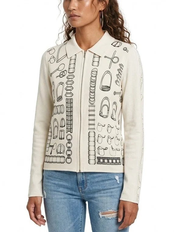Printed Silk Cashmere Zip Front Cardigan Sweater - Sweaters & Knitwear