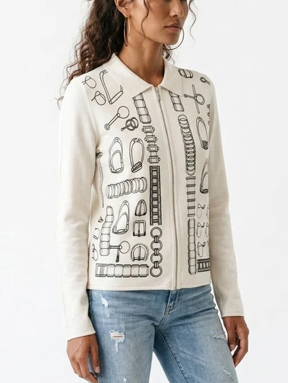 Printed Silk Cashmere Zip Front Cardigan Sweater - Sweaters & Knitwear