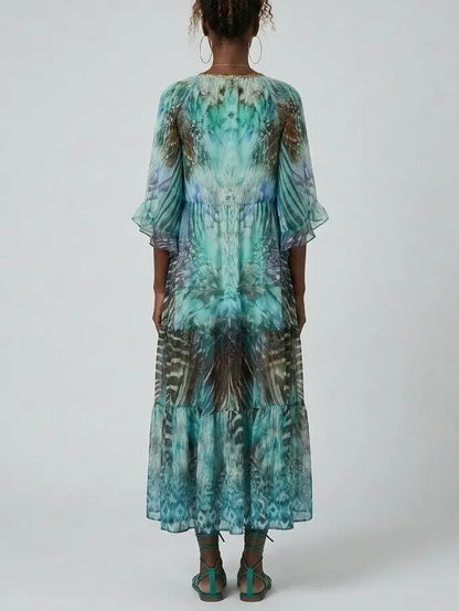 Printed Silk Embellished Kaftan Dress - Dresses
