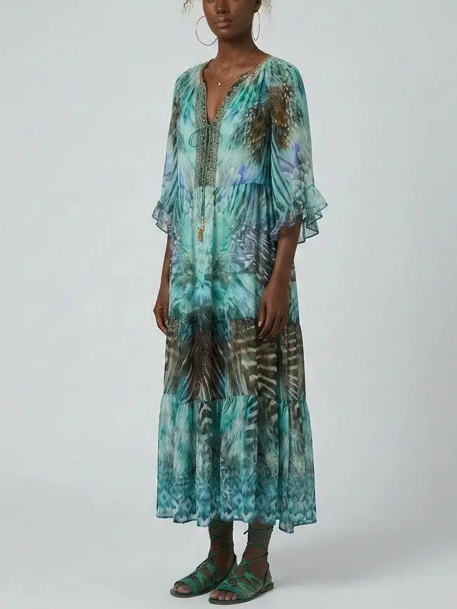 Printed Silk Embellished Kaftan Dress - Dresses