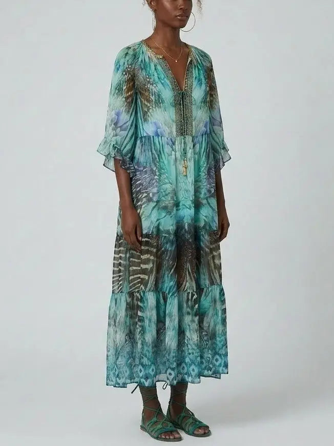 Printed Silk Embellished Kaftan Dress - Dresses