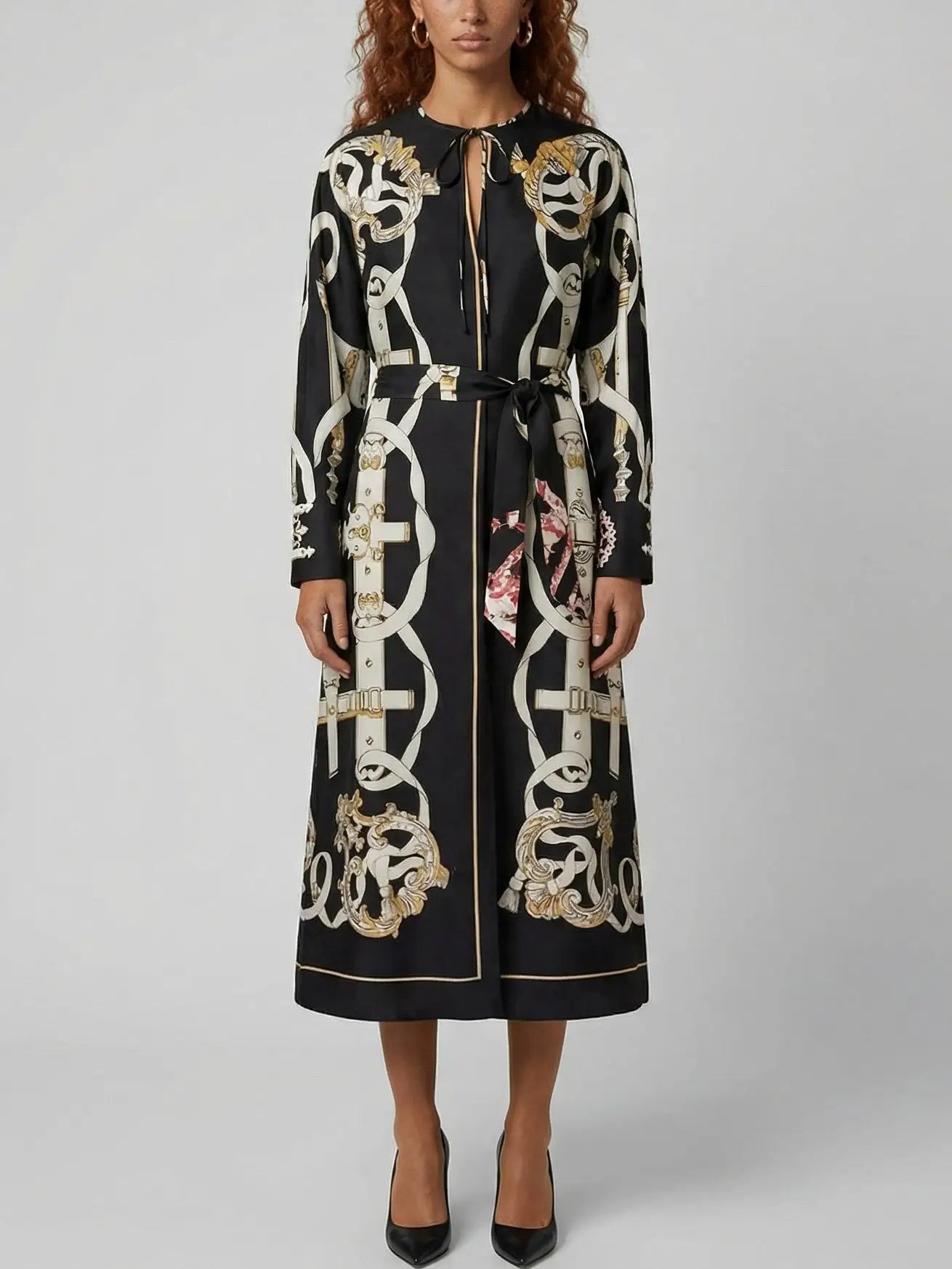 Printed Silk Tie-Neck Midi Dress - Dresses