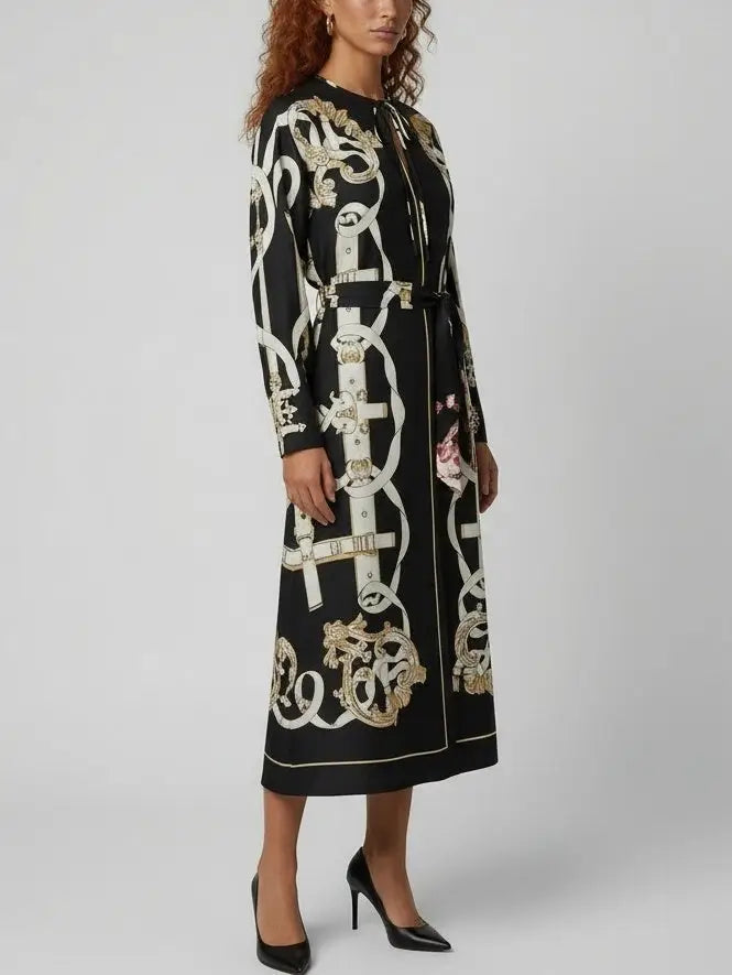 Printed Silk Tie-Neck Midi Dress - Dresses