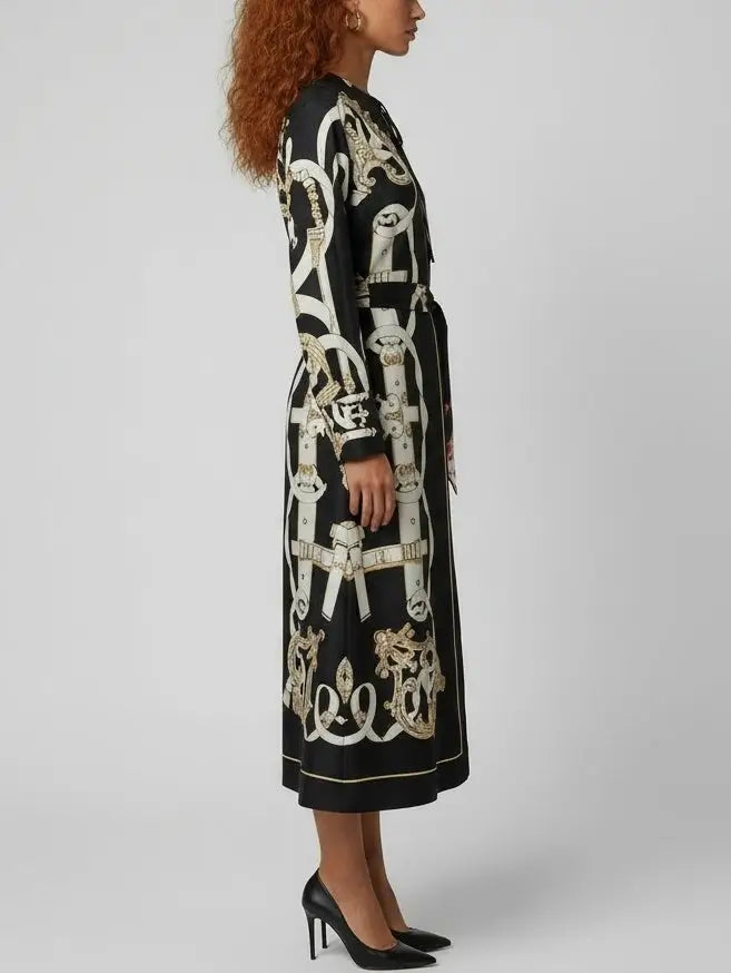 Printed Silk Tie-Neck Midi Dress - Dresses