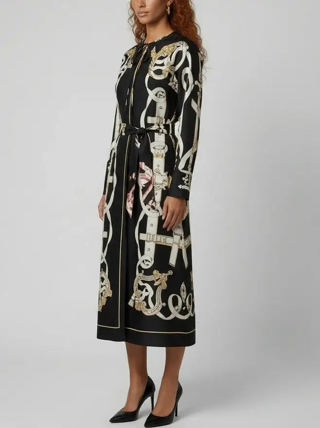 Printed Silk Tie-Neck Midi Dress - Dresses