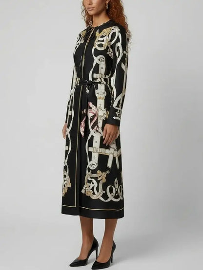Printed Silk Tie-Neck Midi Dress - Dresses