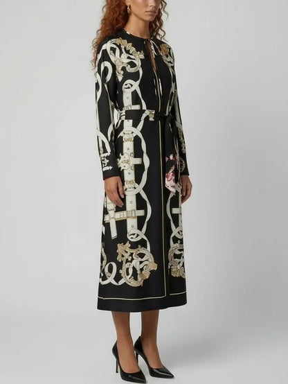 Printed Silk Tie-Neck Midi Dress - Dresses
